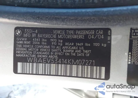 2004 BMW 330I из США, поврежденный, VIN WBAEV53414KM07271